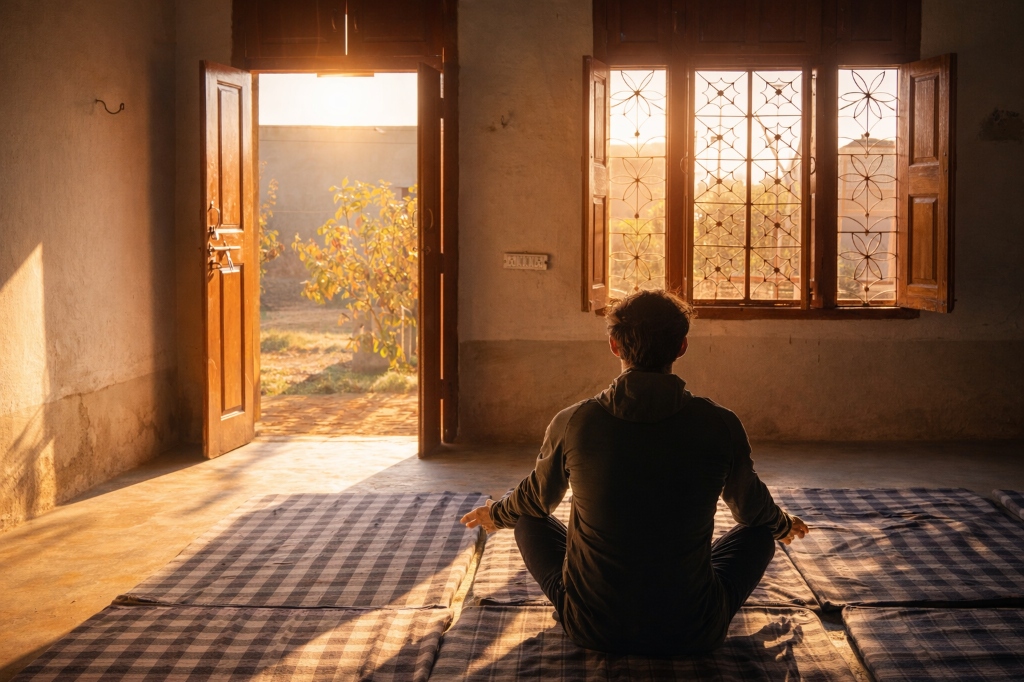 Man sitting in meditation posture in a doorway