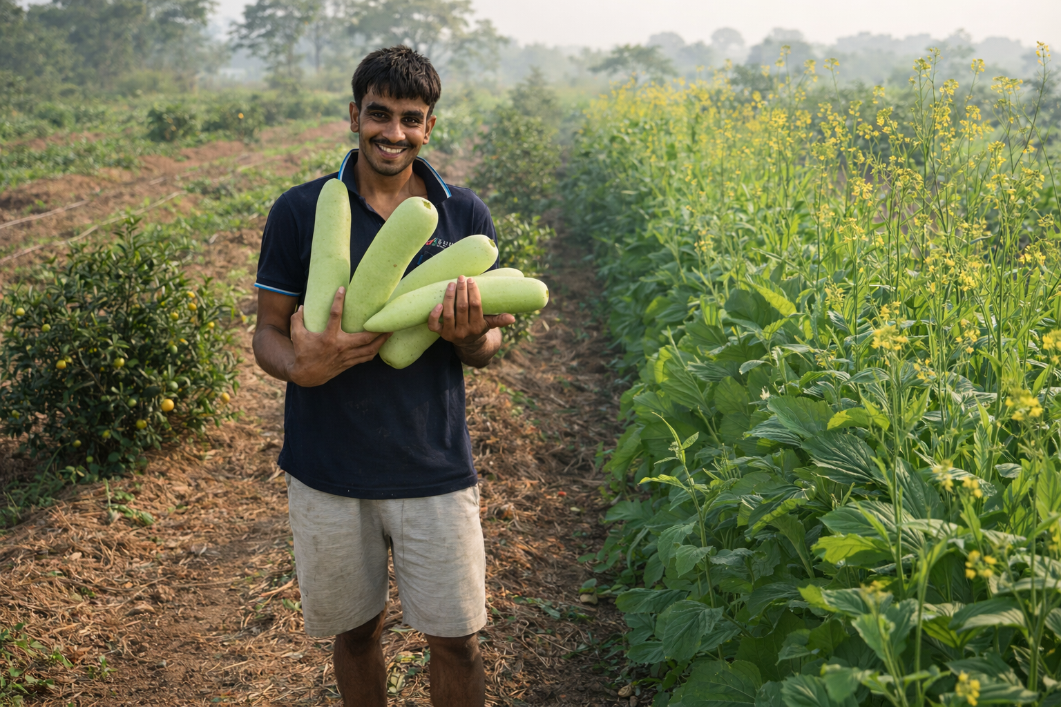 Smiling man holding a large freshly harvested gourd