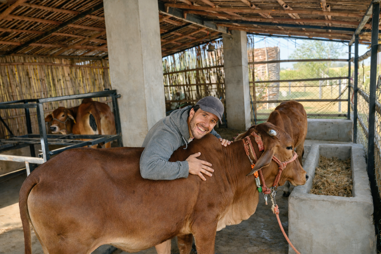 Man hugging a brown calf with affection