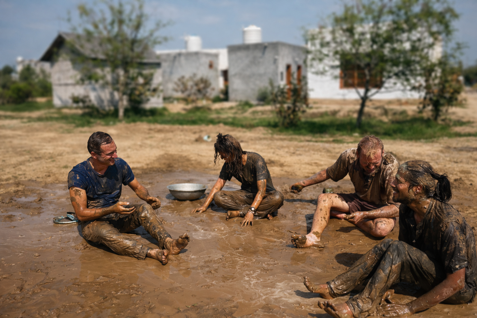 People enjoying a mud bath in the farm fields