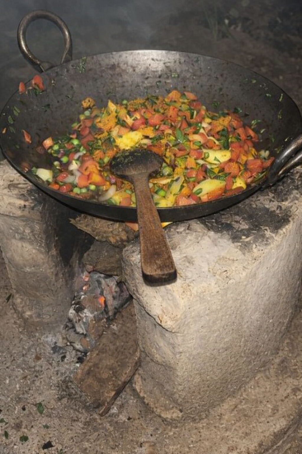 Large cauldron cooking vegetable stew on an open fire