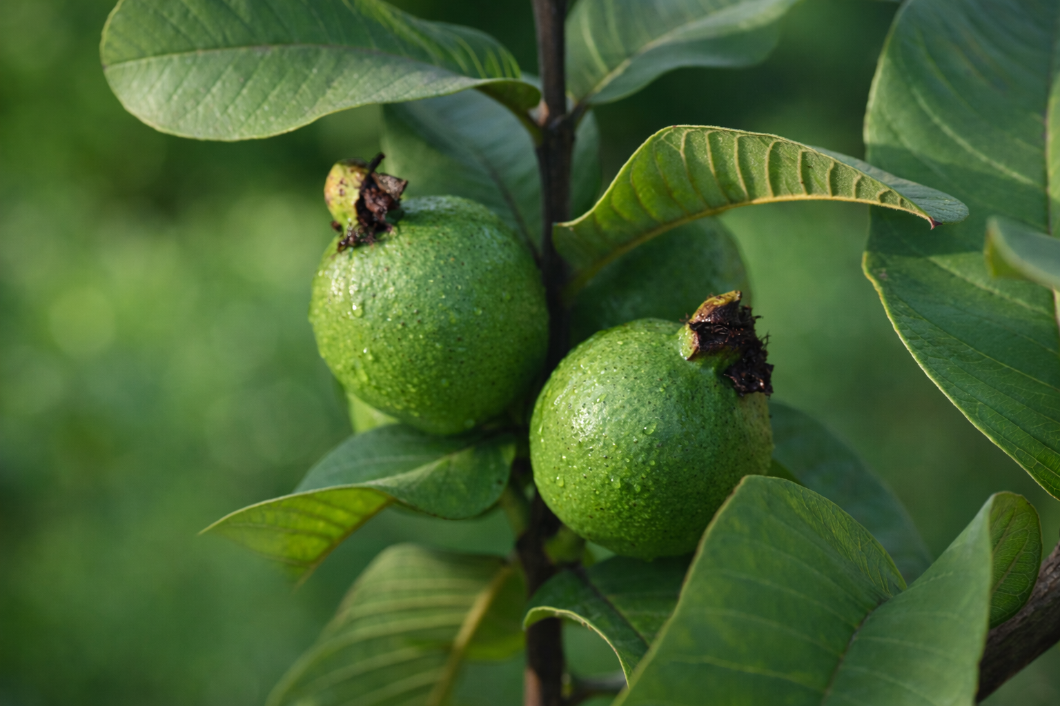 Green guavas growing on a leafy branch