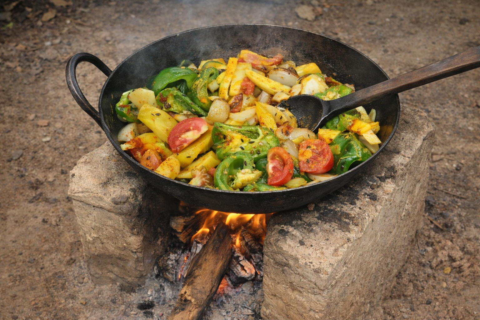 Vegetables cooking in a iron kadhai outdoors