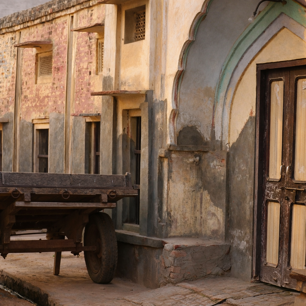 Old traditional brick house with a wooden cart