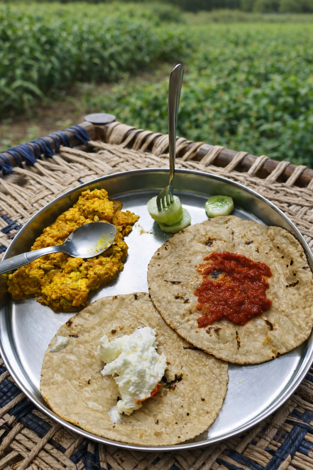 Roti and salad served on a plate in the fields