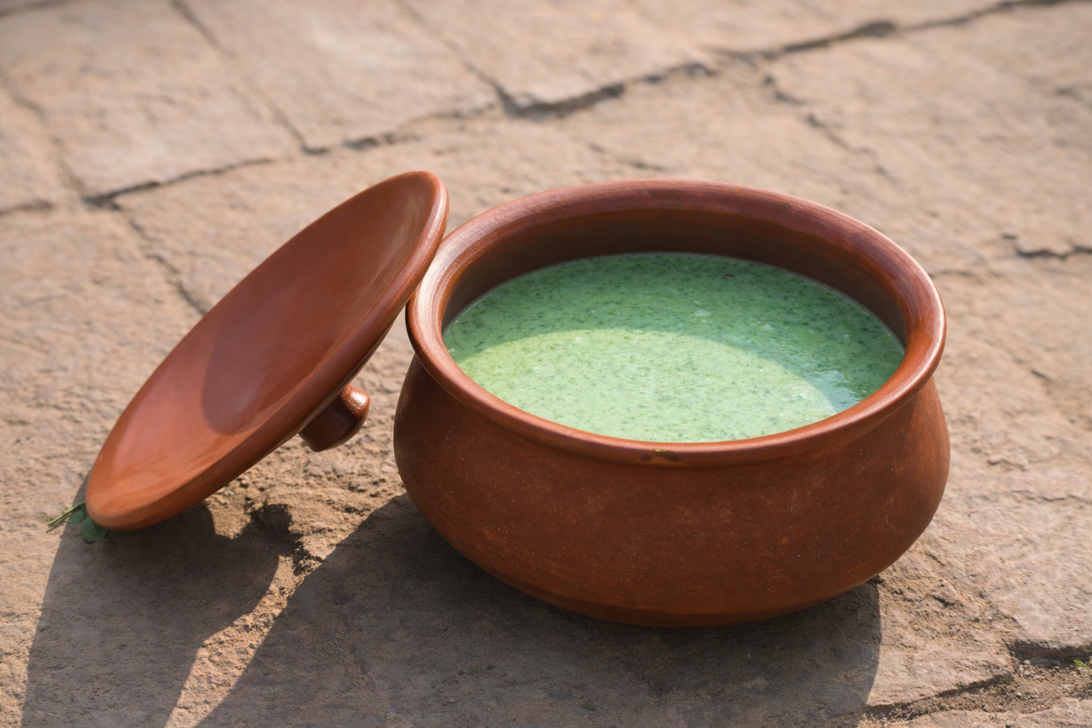 Clay pots filled with green buttermilk or liquid