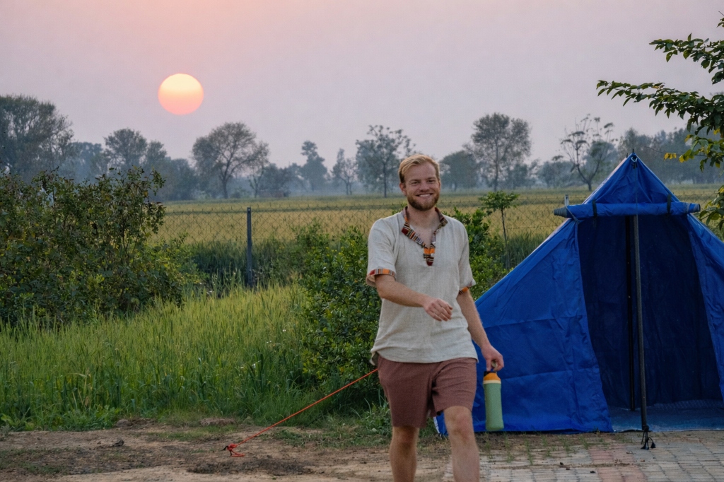 Man walking near a blue tent at sunrise